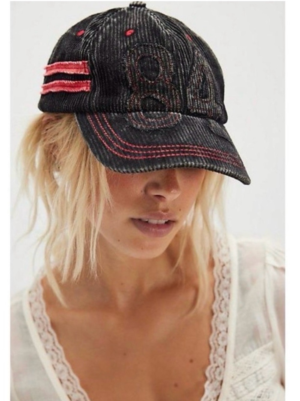 🆕FREE PEOPLE BLACK & RED HOLLIE VARSITY BASEBALL HAT